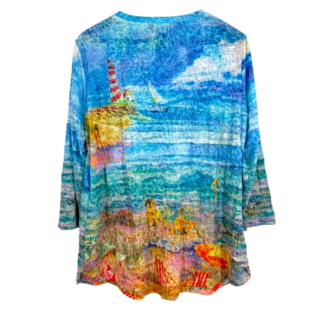 Ali Miles Large Blue Tropical Ocean Beach Sailing Blouse Shirt Top Unique Artsy - Picture 6 of 6